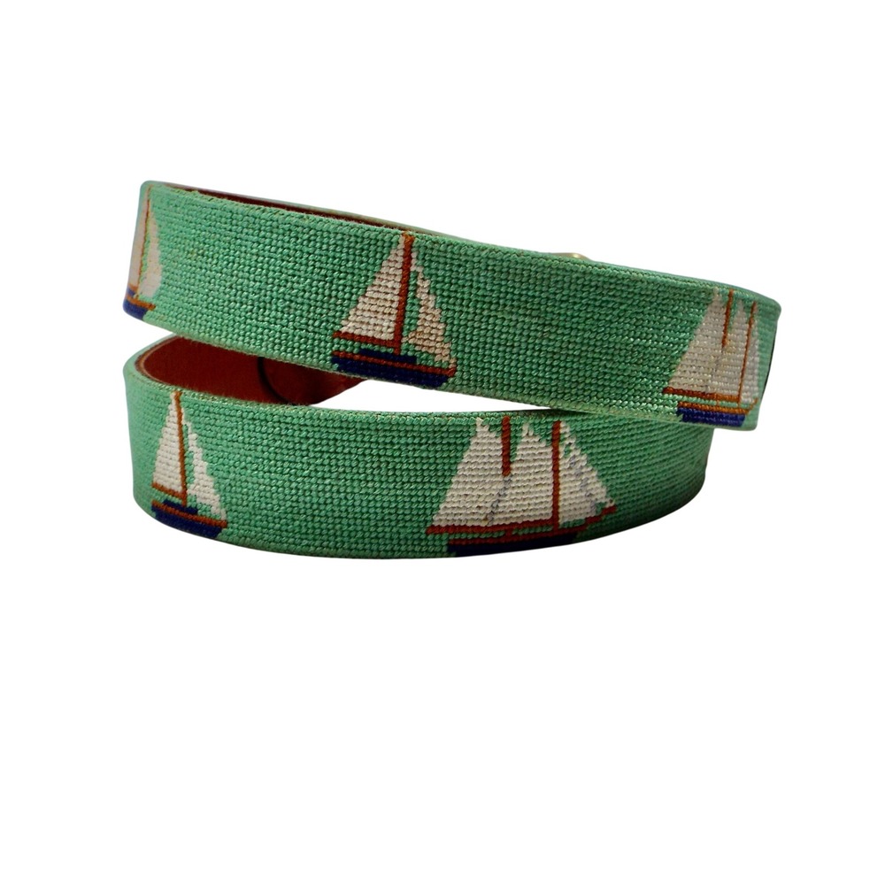 Smathers & Branson Mens Sailboat Needlepoint Belt Green Leather Brass Size 36